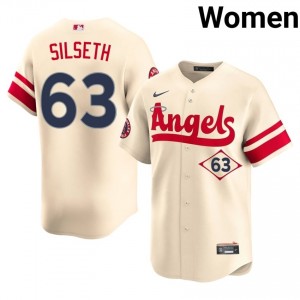 #63 Chase Silseth Durable Women City Connect Baseball Jersey | LA Angels Cream Fan Gear 46128957